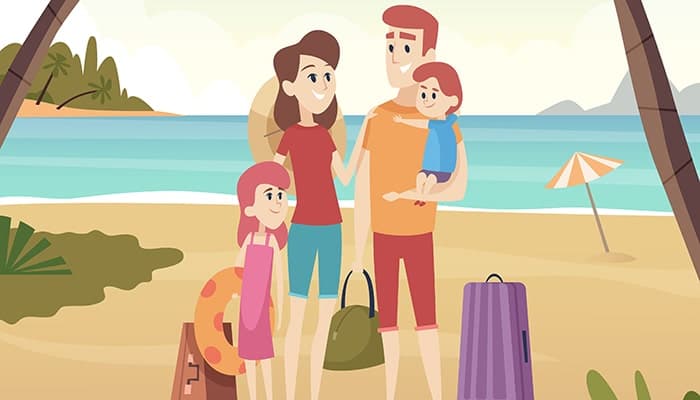 وکتور کارتونی خانواده شاد در مسافرت و تعطیلات تابستانی