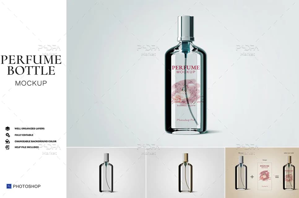 موکاپ شیشه عطر و پرفیوم و ادکلن لایه باز برای فتوشاپ