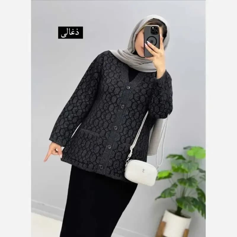 ژاکت بافت مخملی یقه هفت فری سایز جیب دار — تصویر ۷