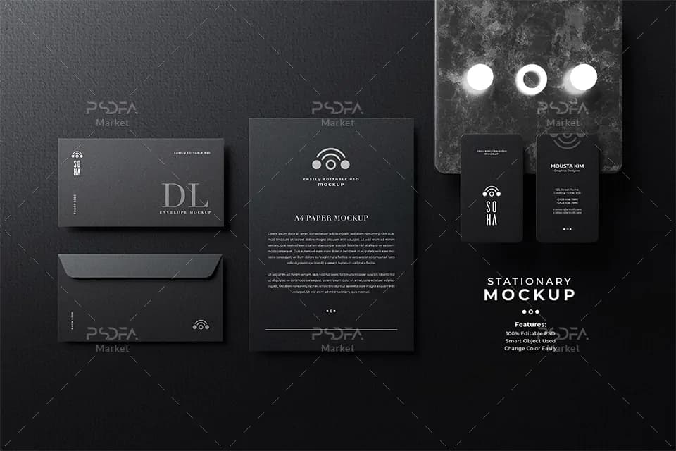 موکاپ ست اداری با تم تیره و تاریک Dark Stationary Mockup