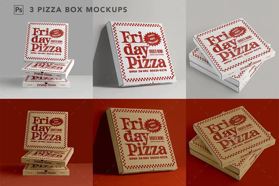 موکاپ جعبه پیتزا در 3 نما و حالت مختلف – Pizza Box Mockups