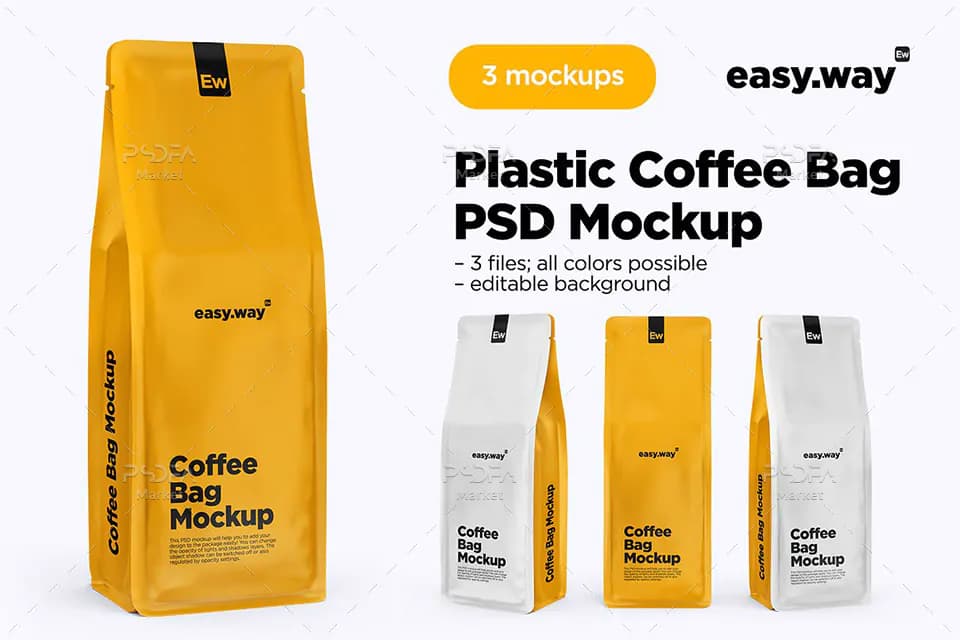 موکاپ پاکت قهوه در 3 نمای مختلف – Coffee Bags Mockups