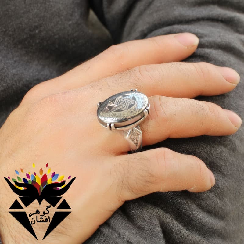 انگشتر حدید نقره ای خاتم سلیمان و آیت الکرسی و عین علی R1820