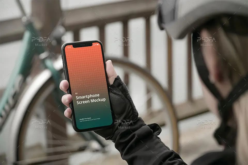 موکاپ گوشی آیفون در دست داخل شهر و پارک iPhone Mockup — تصویر ۲