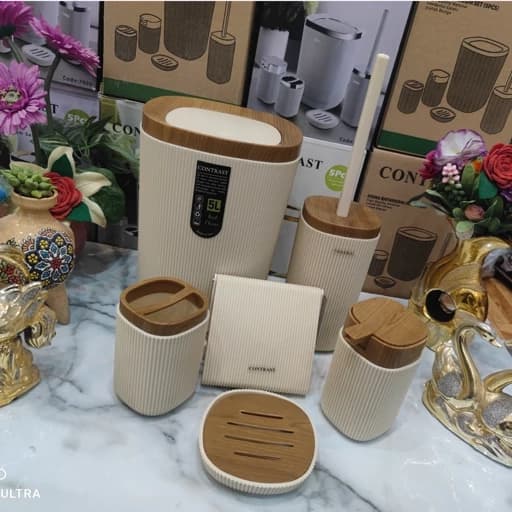 ست سرویس بهداشتی 6 پارچه طرح روما خطی رنگ زیبا شکیل جذاب و پرطرفدار وانیل چوب برند کنتراست نو آکبند طرح جدید قیمت مناسب کامنا مدل 13145190