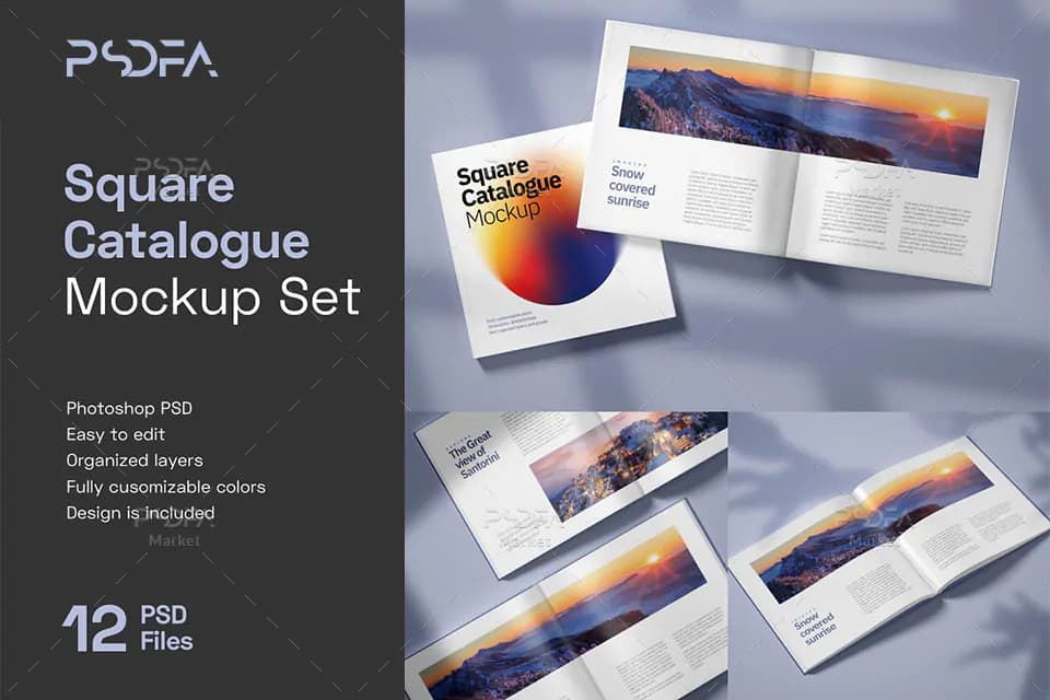 موکاپ کاتالوگ مربعی لایه باز در حالت و زوایای مختلف برای فتوشاپ