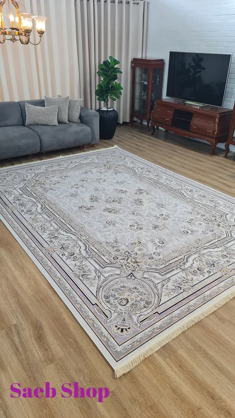 فرش طوسی روشن تالار گل | فرش صائب | کد: L315