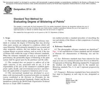 ASTM D714 – 2025- Standard Test Method for Evaluating Degree of Blistering of Paints