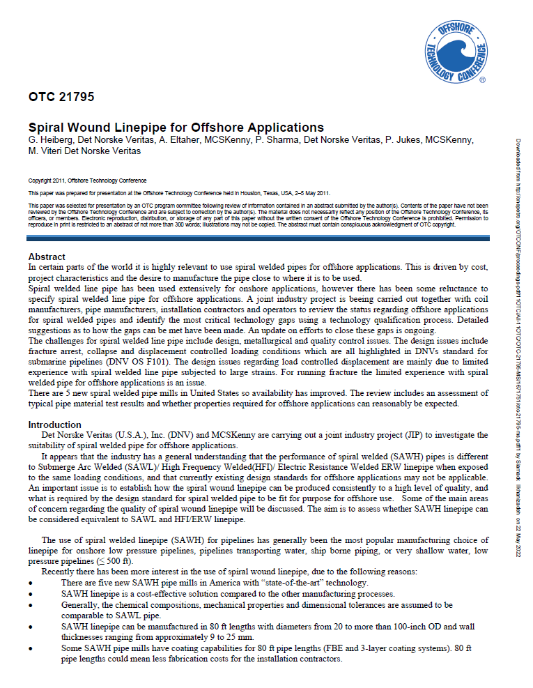 OTC 21795- Spiral Wound Linepipe for Offshore Applications