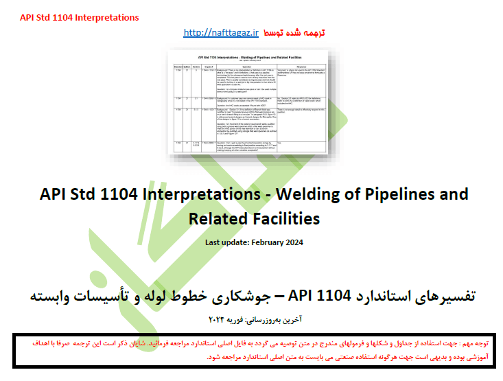 API Std 1104 Interpretations – Welding of Pipelines and Related Facilities -2024 -دانلود ترجمه فارسی تفسیرهای استاندارد API 1104 – جوشکاری خطوط لوله و تأسیسات وابسته