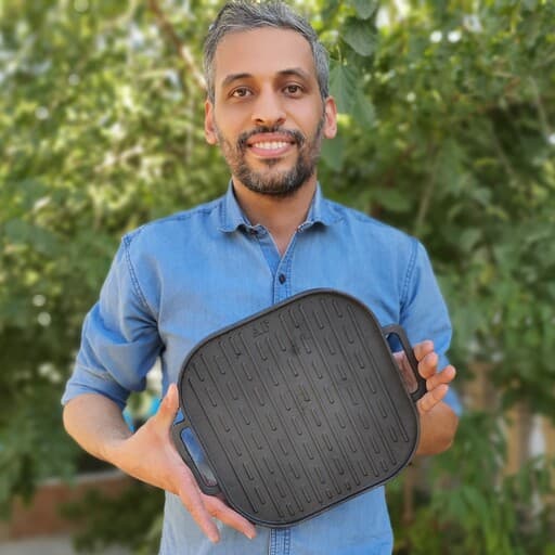 استیک پز چدنی مربع تابه استیک پز | گریل دو طرفه چدن خالص بدون روکش