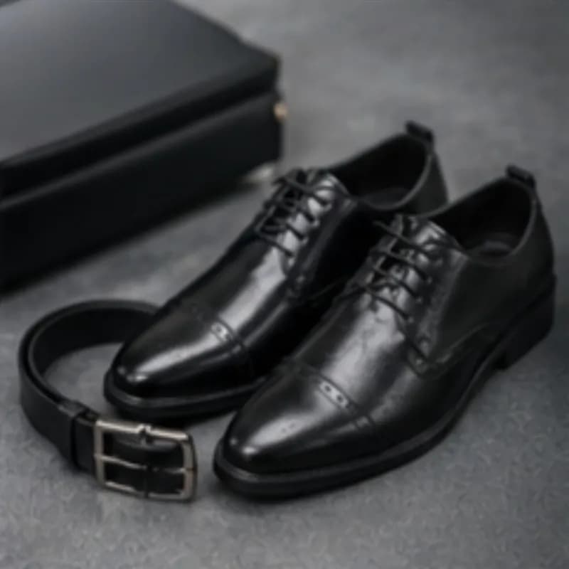 ست هدیه کفش مردانه مجلسی اداری رسمی و کمربند مدل دوتیکه بندی چرم صنعتی بیاله رنگ مشکی