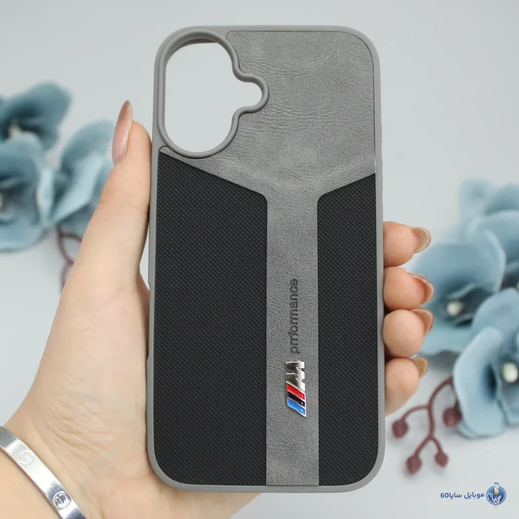قاب گوشی Iphone 16 اپل مدل چرمی طرح BMW رنگ طوسی — تصویر ۳