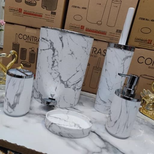 ست 5 پارچه سرویس بهداشتی برند کنتراست طرح خط ریز رنگ بسیار زیبا و پرطرفدار و جذاب ماربل سفید کروم به همراه ارسال سریع کامنا مدل 13144695