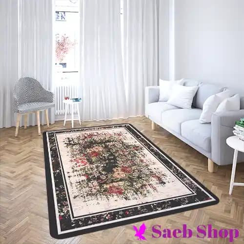 فرش قاب مشکی با گل های وینتیج | فرش صائب | کد : h245