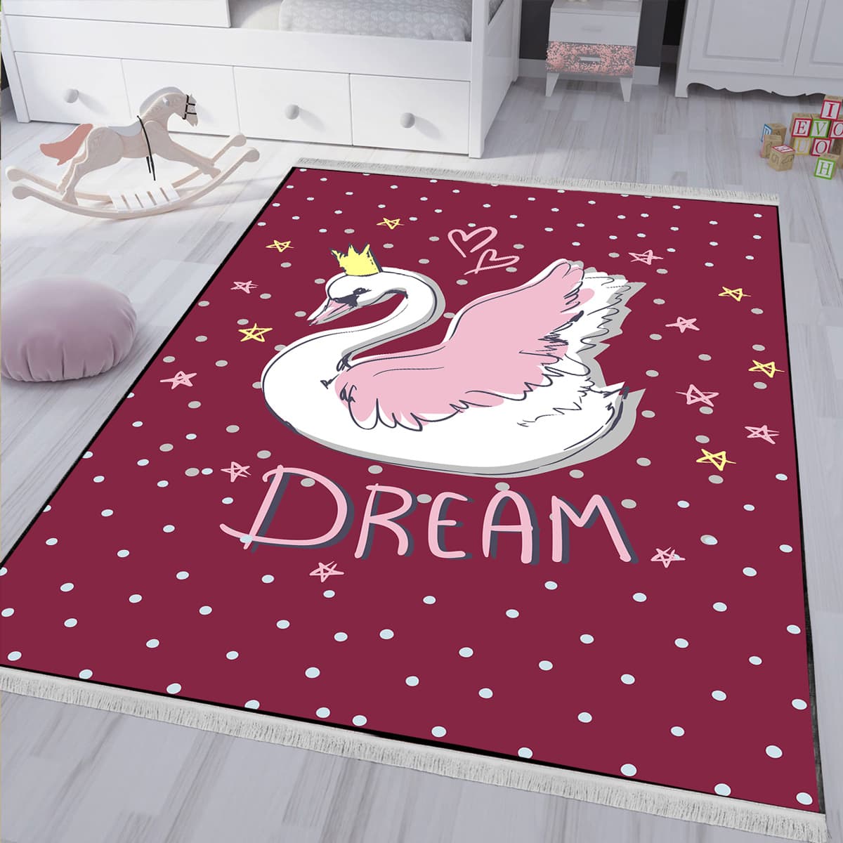 فرش فانتزی چاپی طرح قو با زمینه زرشکی SM-27301b