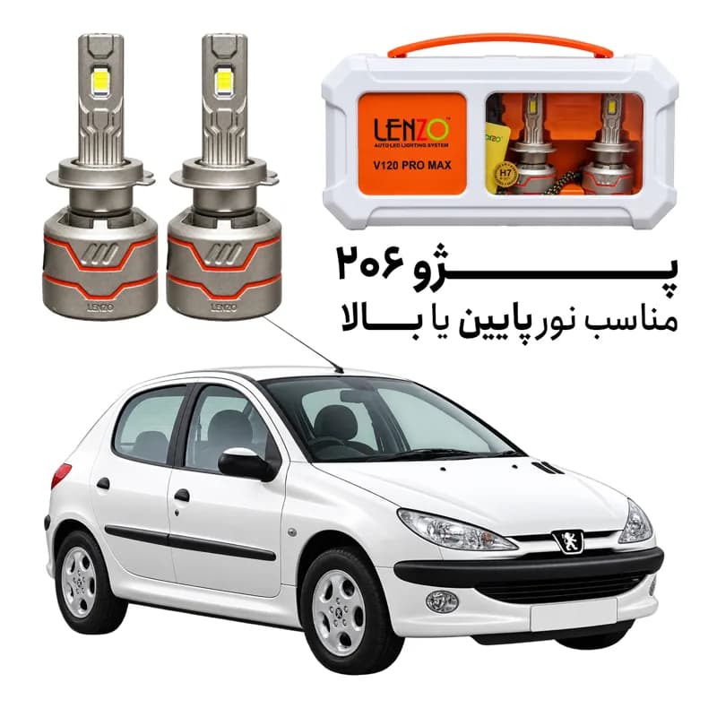 هدلایت لنزو V120 Pro Max پایه H7 مناسب نور پایین و نور بالا پژو ۲۰۶