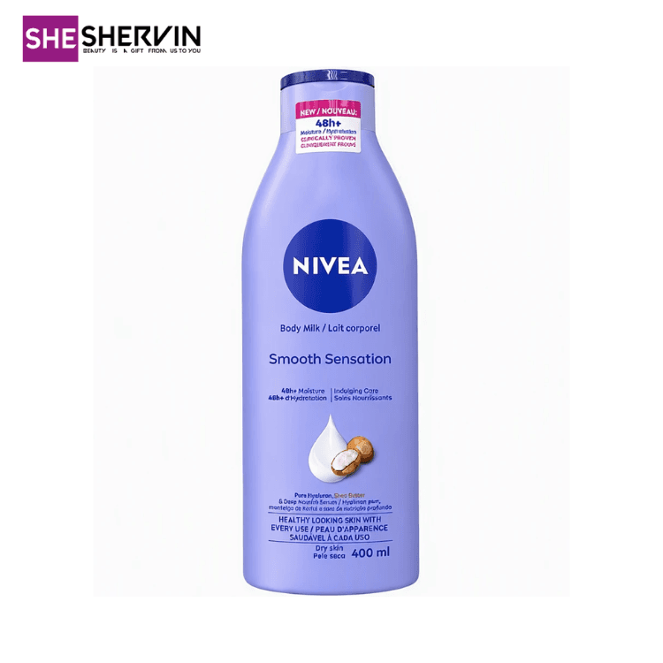لوسیون بدن مرطوبکننده و نرمکننده نیوآ Nivea Smooth Sensation حاوی هیالورون خالص و شی باتر مناسب پوست نرمال تا خشک حجم 400 میل — تصویر ۲