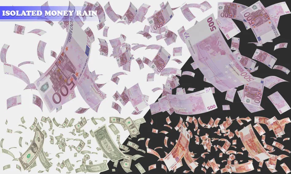 4 طرح لایه باز بارش باران پول و اسکناس های دلار ، یورو و روبل