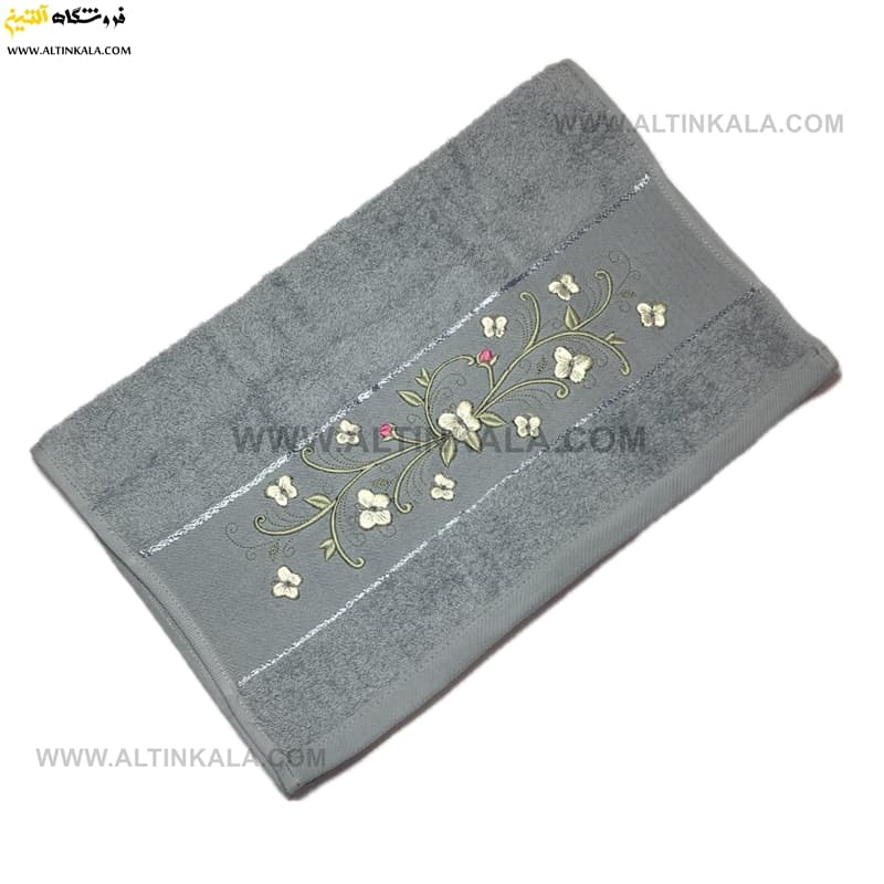 حوله دستی گلدوزی طوسی روشن برند ماندگار سایز 40×80