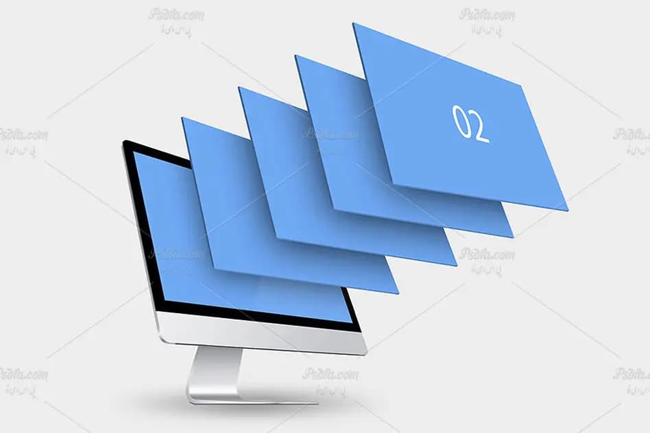موکاپ صفحه نمایش iMac شرکت اپل به صورت لایه باز — تصویر ۶