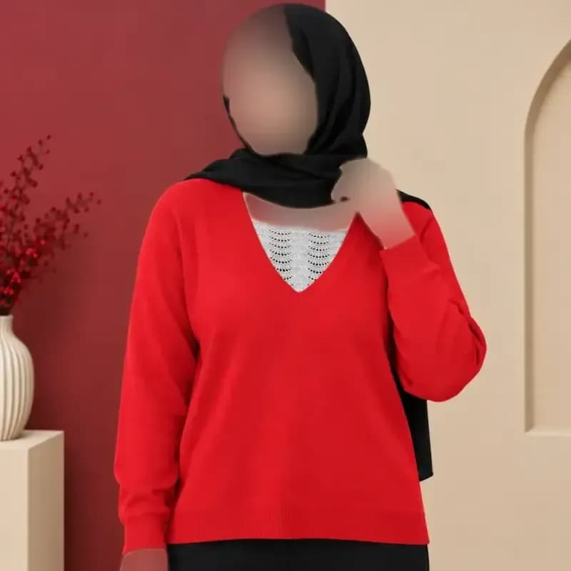 بلوز زنانه بافت وارداتی یقه هفت گیپور دار فری سایز — تصویر ۳