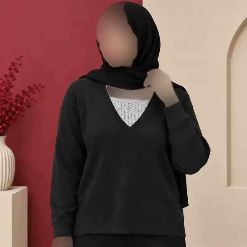 بلوز زنانه بافت وارداتی یقه هفت گیپور دار فری سایز — تصویر ۲