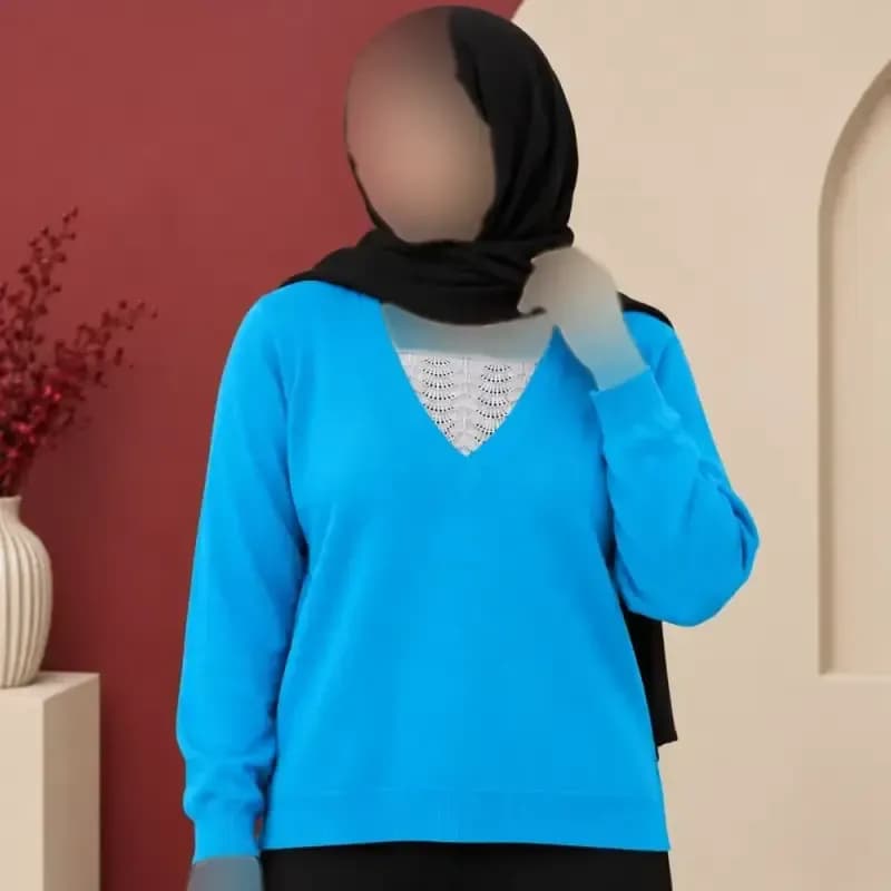 بلوز زنانه بافت وارداتی یقه هفت گیپور دار فری سایز — تصویر ۶