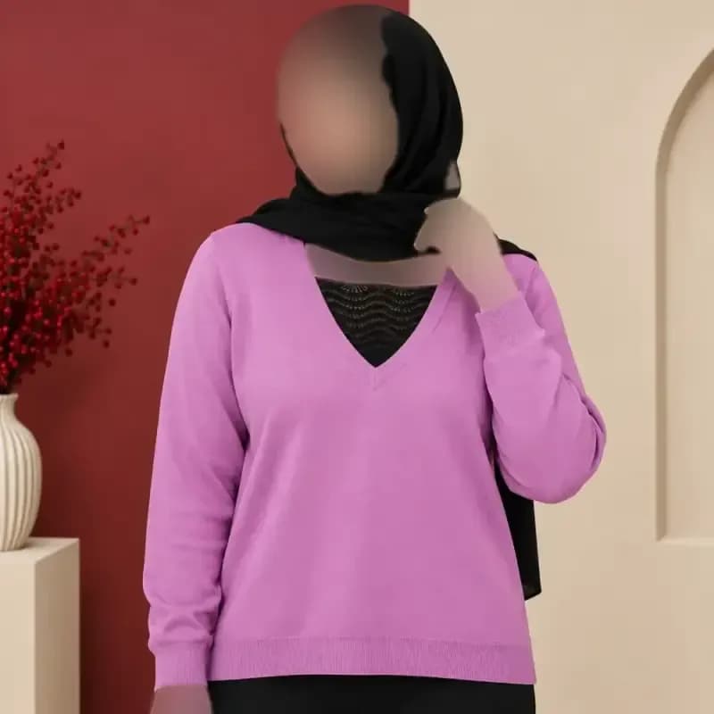 بلوز زنانه بافت وارداتی یقه هفت گیپور دار فری سایز — تصویر ۵