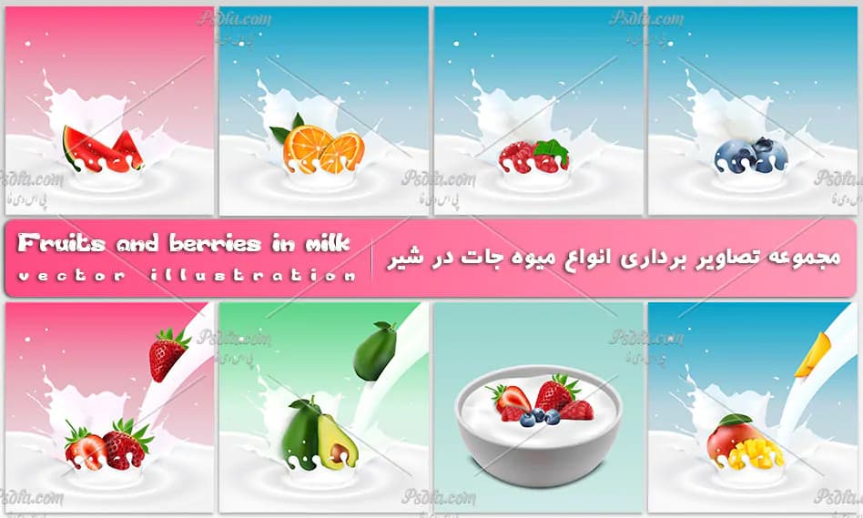 وکتور انواع میوه جات و توت فرنگی در شیر