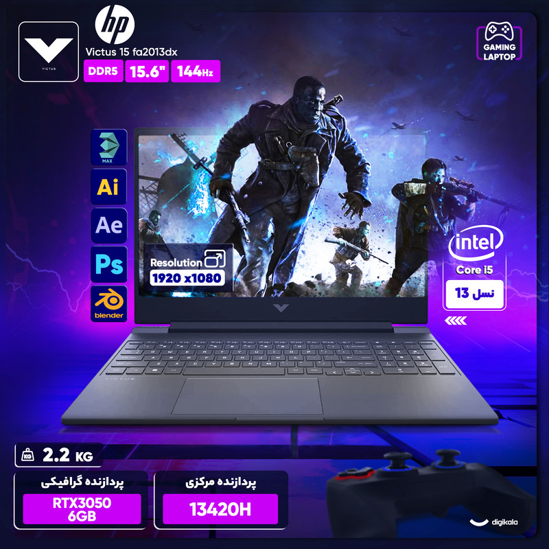 لپ تاپ 15.6 اینچی اچ‌پی مدل Victus 15 fa2013dx-i5 13420H-RTX3050 6GB-8GB DDR4 3200MHz-512GB SSD-W — تصویر ۴
