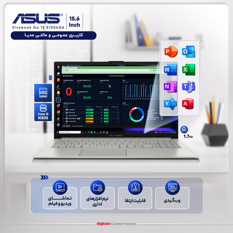 لپتاپ ایسوس مدل Vivobook Go 15 E1504GA-NJ558 با پردازنده Core i3- N305، رم DDR4 4GB با فرکانس 3200MHz، حافظه SSD با ظرفیت 256GB، نمایشگر 15.6 اینچ IPS با وضوح Full HD — تصویر ۴