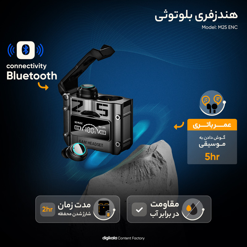 هدفون بلوتوثی دامیکس مدل M25 ENC بدون قابلیت نویز کنسلینگ، درگاه شارژ USB Type-C، دارای میکروفون داخلی، قابلیت استفاده به عنوان پاوربانک، دارای لامپ RGB، نمایشگر LED، دارای صفحه نمایش روی محفظه شارژ،  — تصویر ۲