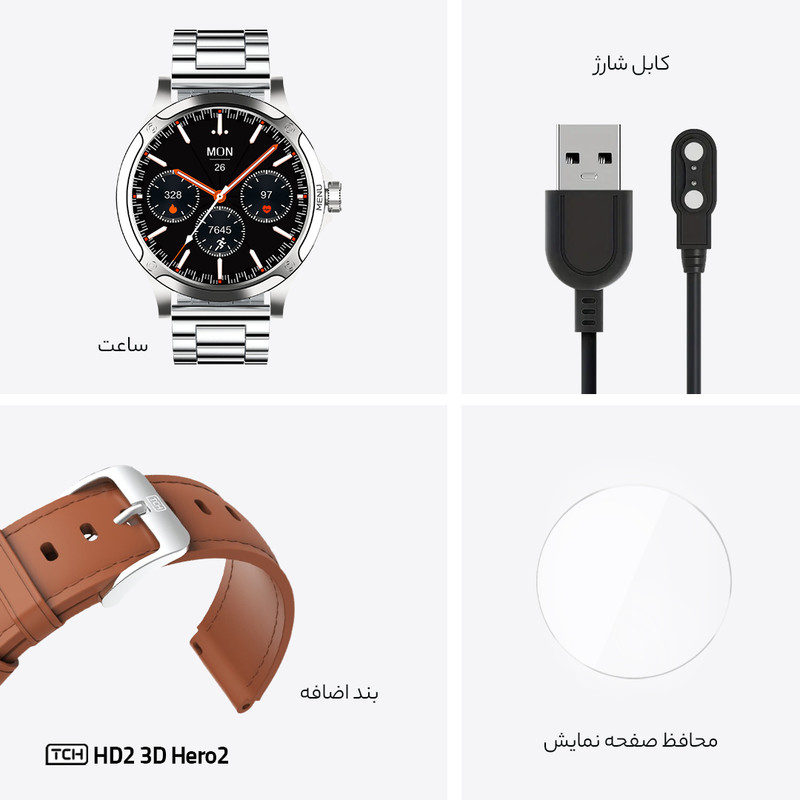 ساعت هوشمند تی سی اچ مدل TCH HD2 3D Hero2 دارای قابلیت های کنترل موسیقی (Music Player)، پشتیبانی از زبان فارسی در منو و سیستم‌عامل، قابلیت مکالمه از طریق بلوتوث بند فلز — تصویر ۵