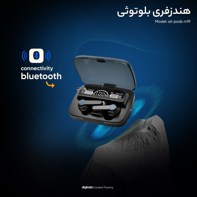 هدغون بلوتوثی مدل air pods m19 بدون قابلیت نویز کنسلینگ، درگاه شارژ microUSB، دارای کنترلر لمسی روی گوشی‌ها، امکان استفاده از محفظه شارژ به عنوان پاور بانک — تصویر ۳