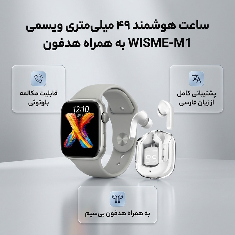 ساعت هوشمند ۴۹ میلی متری ویسمی مدل WISME-M1 با بند سیلیکونی به همراه هدفون — تصویر ۲