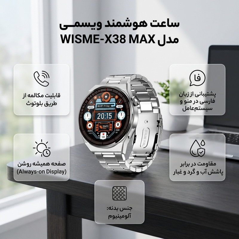 ساعت هوشمند 46 میلیمتری ویسمی مدل WISME-X38 MAX با بند فلزی و 2 بند سیلیکونی — تصویر ۲