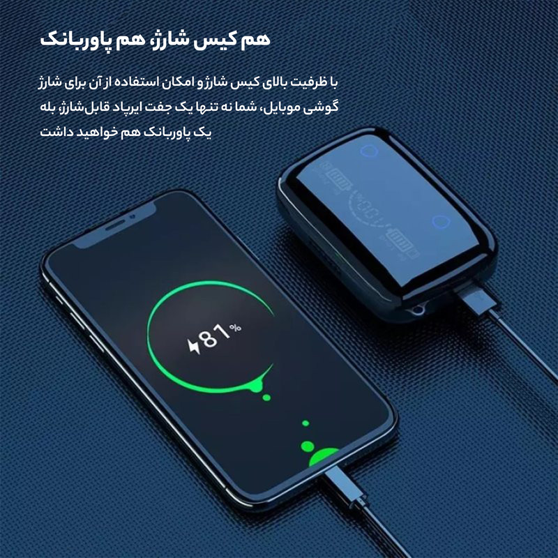 هدفون بلوتوثی مدل M19 بدون قابلیت نویز کنسلینگ، درگاه شارژ USB Type-C، قابلیت استفاده به صورت پاوربانک، دارای نشانگر LED، دارای صفحه نمایش روی محفظه — تصویر ۵