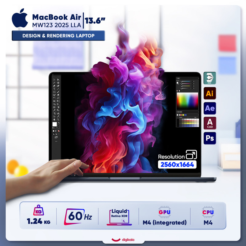 لپ‌تاپ اپل مدل MacBook Air MW123 2025 LLA با پردازنده Apple M4، رم 16GB، حافظه SSD با ظرفیت 256GB، نمایشگر 13.6 اینچ Retina، دارای نور پس‌زمینه کیبورد، حسگر اثر انگشت و سیستم‌عامل Apple Mac OS — تصویر ۲