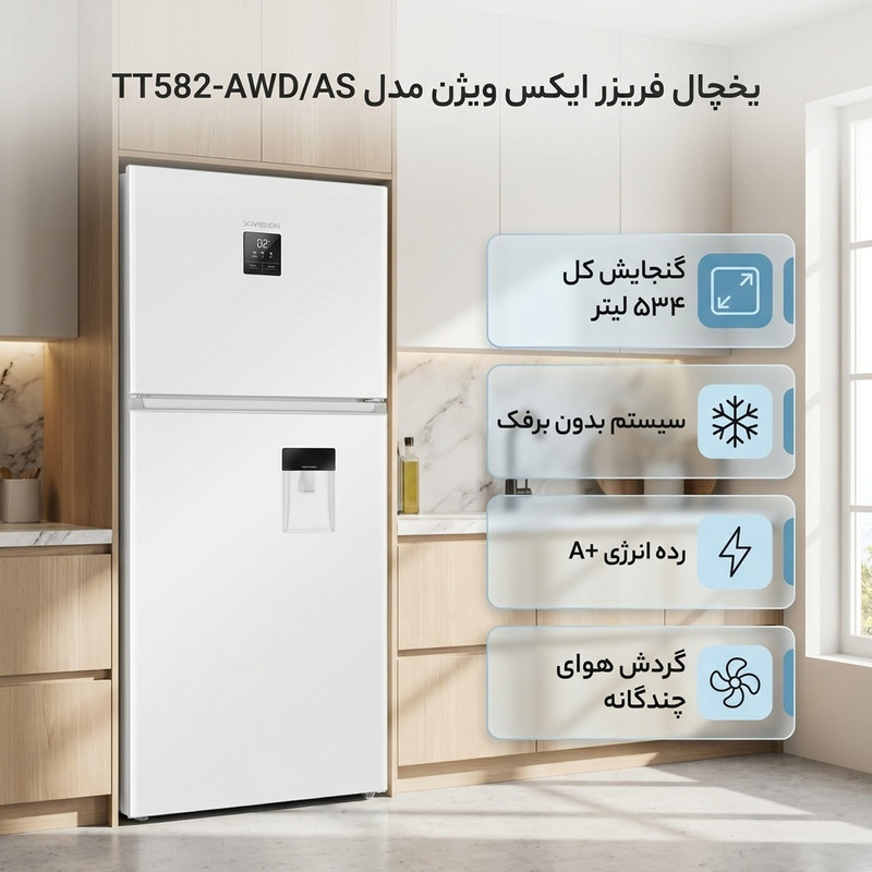 یخچال فریزر 26 فوت ایکس ویژن مدل TT582-AWD/AS ، دارای آبسردکن و یخساز نیمه اتوماتیک، با ارتفاع 185، پهنای 66 و عمق 84 سانتی متر، میزان مصرف انرژی A+، دارای 4 طبقه در یخچال و 2 طبقه در فریزر — تصویر ۲