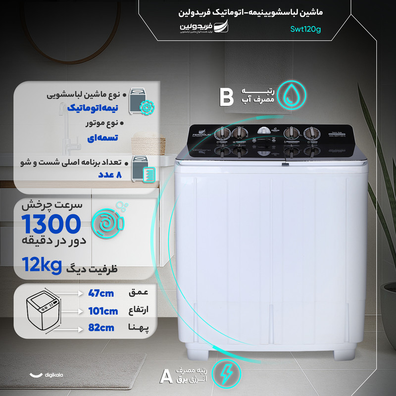 ماشین لباسشویی 12 کیلوگرم نیمه‌اتوماتیک فریدولین مدل Swt120g — تصویر ۳