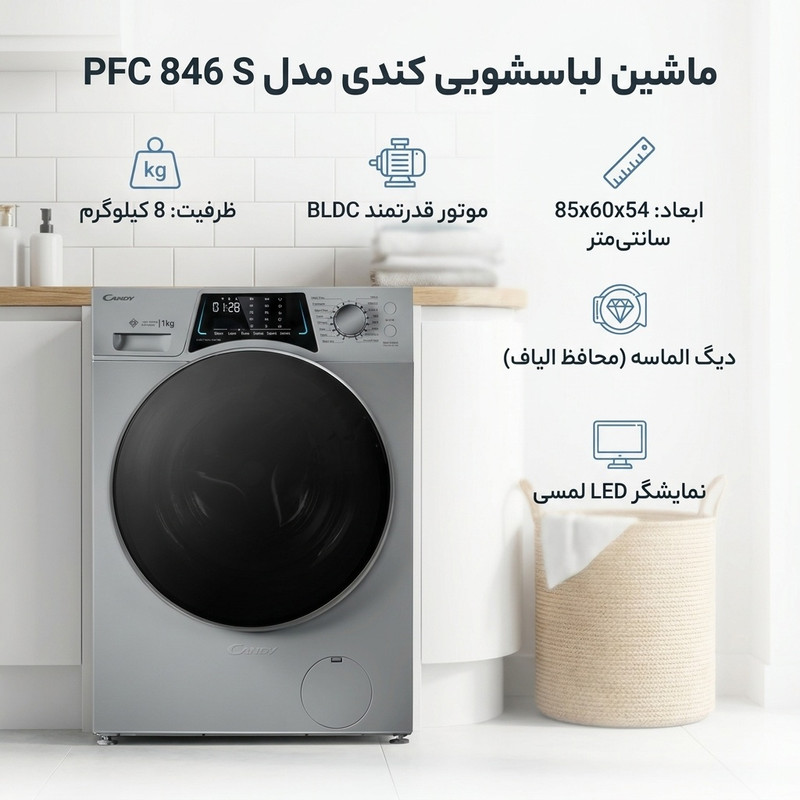 ماشین لباسشویی اتوماتیک کندی مدل PFC 846 S ظرفیت ۸ کیلوگرم — تصویر ۳