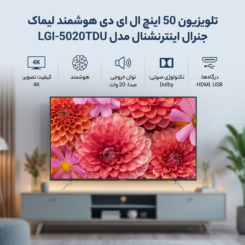 تلویزیون 50 اینچ ال ای دی هوشمند لیماک جنرال اینترنشنال مدل LGI-5020TDU — تصویر ۲