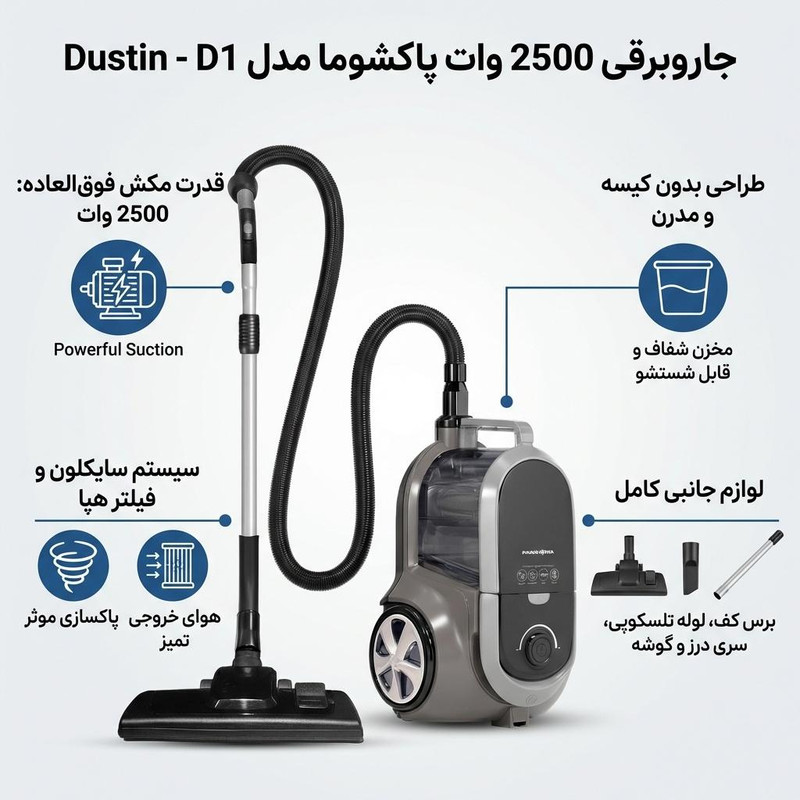 جاروبرقی 2500 وات پاکشوما مدل D1 G — تصویر ۲