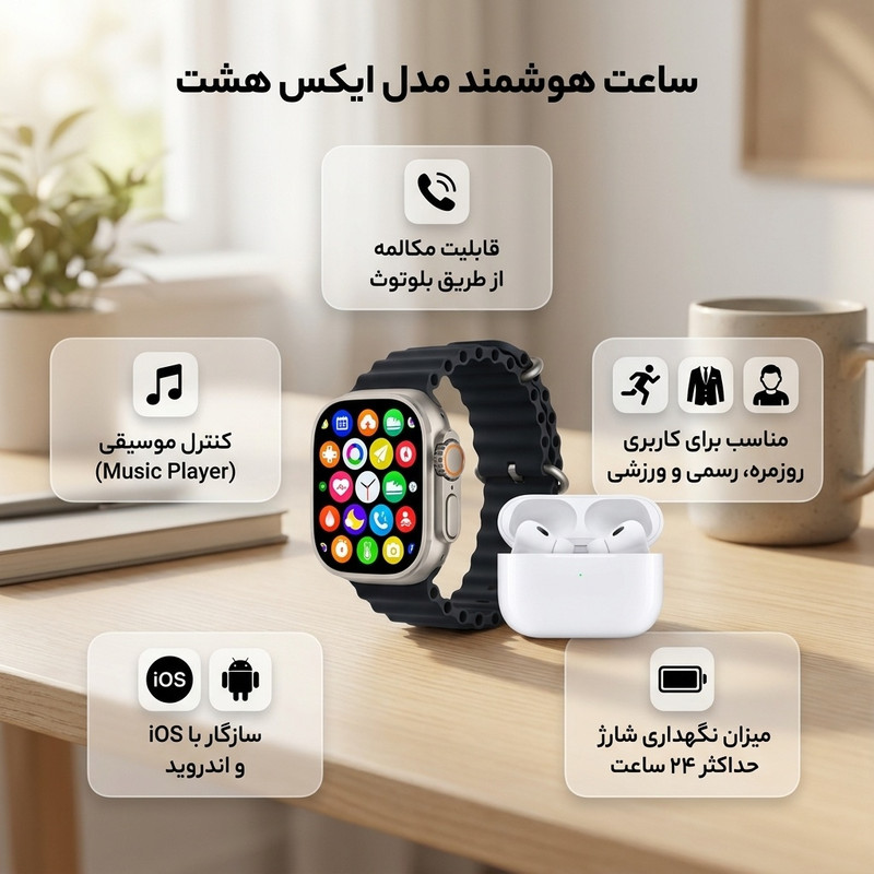 ساعت هوشمند 49 میلی متری یونیک مدل ایکس هشت با بند سیلیکونی به همراه هدفون بلوتوثی — تصویر ۲