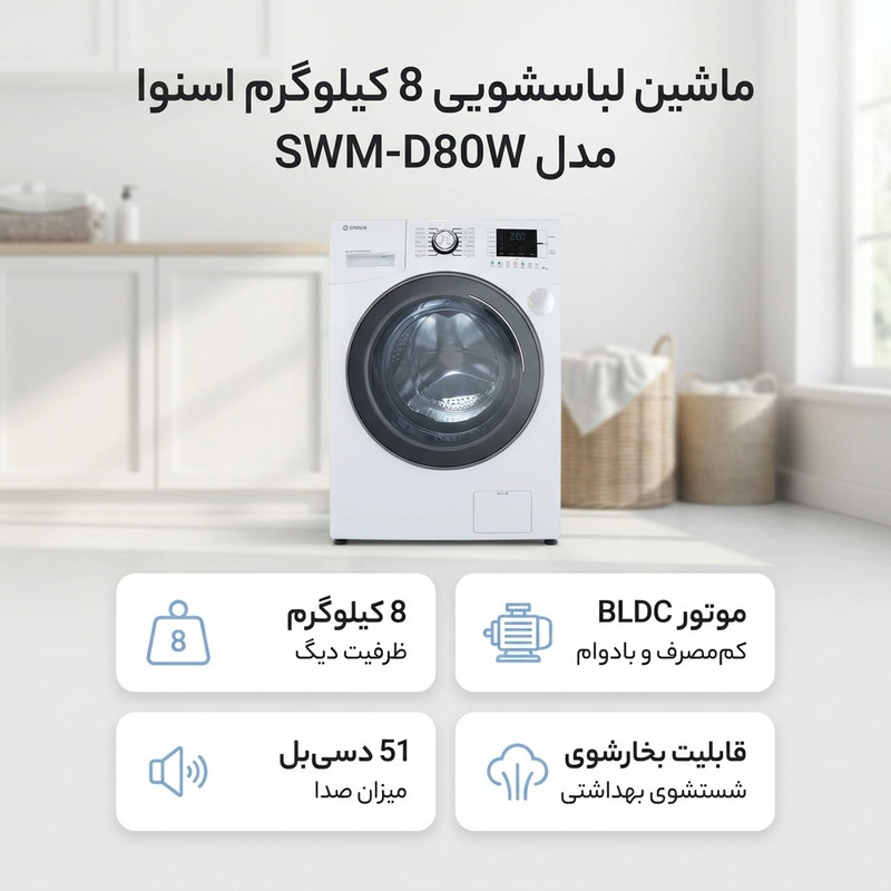 ماشین لباسشویی 8 کیلوگرم اتوماتیک اسنوا مدل SWM-D80W — تصویر ۳