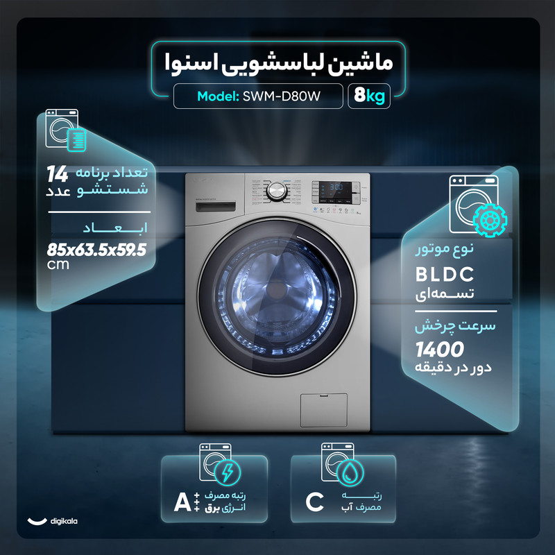 ماشین لباسشویی 8 کیلوگرم اتوماتیک اسنوا مدل SWM-D80W — تصویر ۵