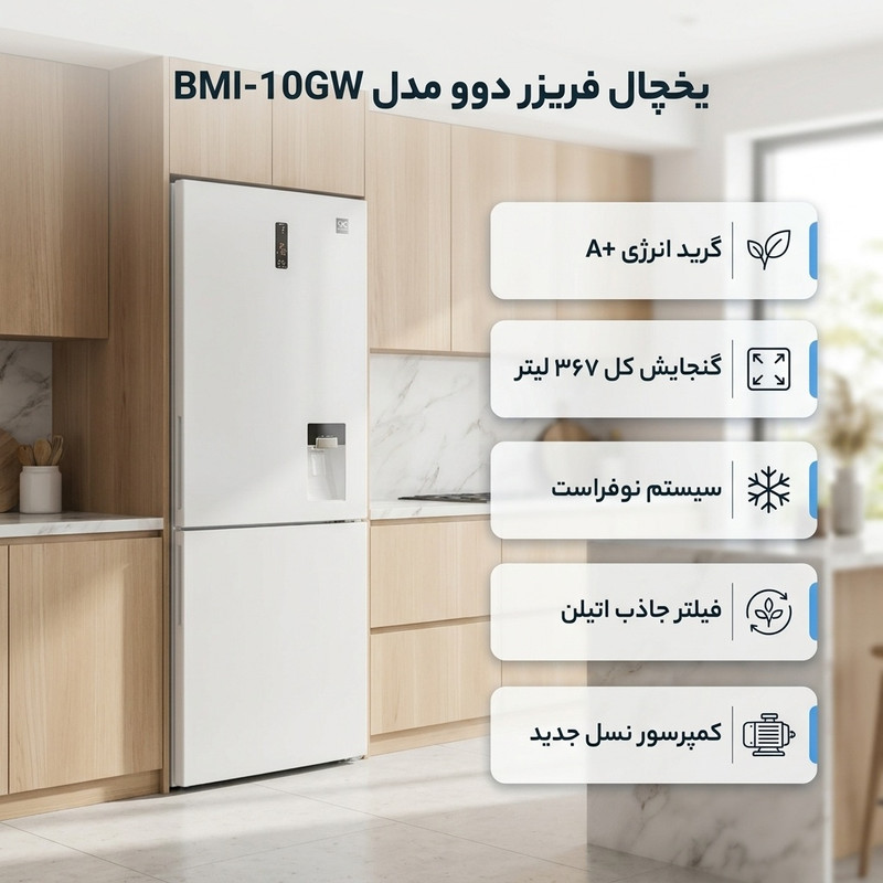 یخچال فریزر 24 فوت دوو مدل BMI-10GW با ارتفاع 196، پهنای 67 و عمق 68 سانتی متر، میزان مصرف انرژی A+، دارای ۱ کشو در یخچال و 4 کشو در فریزر، دارای سیستم نوفراست — تصویر ۲