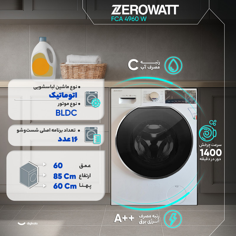 ماشین لباسشویی 9 کیلوگرم اتوماتیک زیرووات مدل FCA 4960 W — تصویر ۳