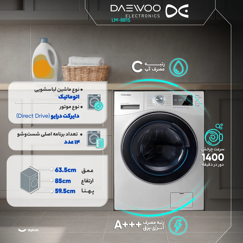 ماشین لباسشویی 8 کیلوگرم اتوماتیک دوو مدل LM-881S — تصویر ۸